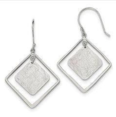 Sterling Silver Polished and Brushed Squares Dangle Wire Drop Earrings