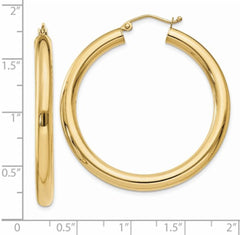 14 Karat Yellow Gold 4mm Tube Hoop Classic Earring. 40mm in length