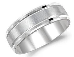 14 Karat White Gold 7mm Wedding Band with Satin Finished Center & Groo