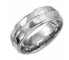 14KWG 8mm Wedding Band wtih Hammered & Sand Blasted Finish with Polished Middle Groove & Edges.