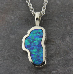 Large 14 Karat White Gold Lake Tahoe Pendant with Lab Grown Opal.
MEA