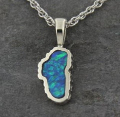 Small 14 Karat White Gold Lake Tahoe Pendant with Lab-Grown Opal.
MEA