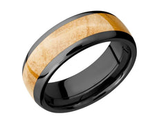 Black Zirconium Domed 8mm Band with a 5mm Boxelder Burl Wood Inlay.
R