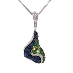 14K White Gold Pendant w/ Blue Sapphires, Tsavorite Garnets, Peridots & Diamonds
