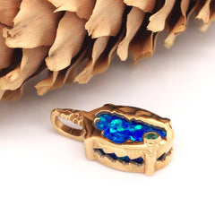 Small 14kt Yellow Gold Plated Lake Tahoe/Bear Reversible Pendant with Lab-Grown Opal