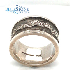 Argentium Silver Hand-Carved Lake Tahoe Mountain Ring- 12.3mm Wide
