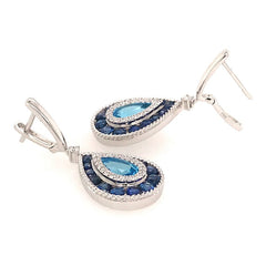 14KW Gold Earrings w/ Swiss Blue Topaz, Blue Sapphires & Diamonds