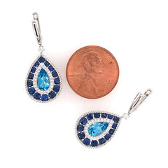 14KW Gold Earrings w/ Swiss Blue Topaz, Blue Sapphires & Diamonds