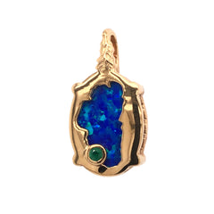 Small 14kt Yellow Gold Plated Lake Tahoe/Bear Reversible Pendant with Lab-Grown Opal