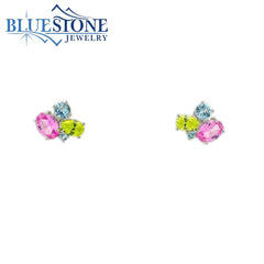 Sterling Silver Colored Stone Cluster Stud Earrings