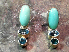 Silver & Gold Earrings w/Amazonite & Topaz