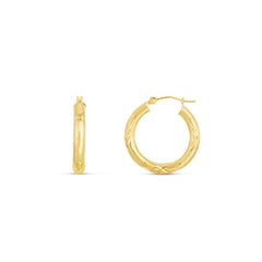 14K Yellow Gold 3Mm Diamond Cut & Polished Design Hoop Earring
