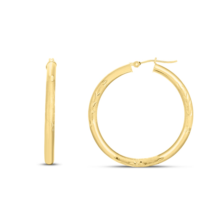 14K Yellow Gold 3Mm Diamond Cut & Polished Design Hoop Earring