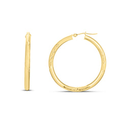 14K Yellow Gold 3Mm Diamond Cut & Polished Design Hoop Earring