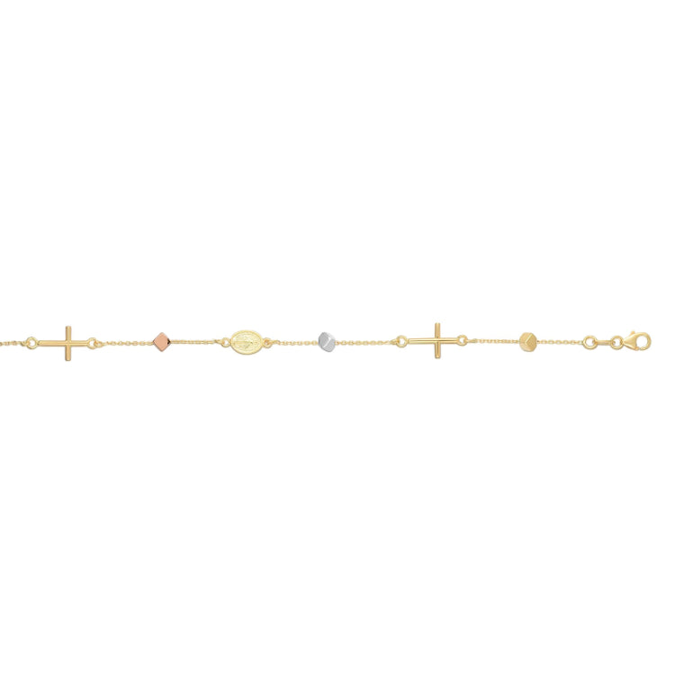 14K Tri-Color Gold Polished Cube & Cross Bracelet