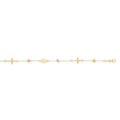 14K Tri-Color Gold Polished Cube & Cross Bracelet