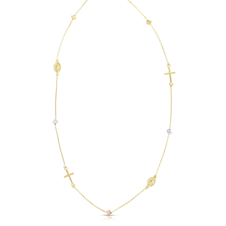 14K Two-Tone Gold Polished Cube & Cross Necklace