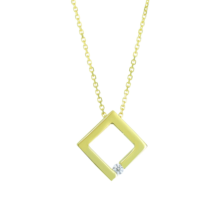 14K Gold .03Ct Diamond Open Square Necklace
