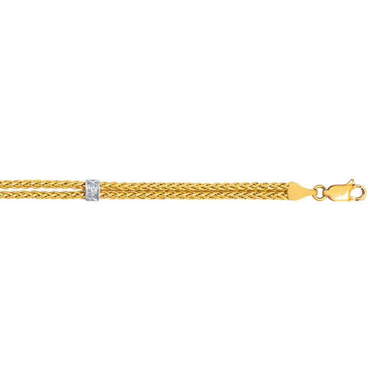 14K Gold .03Ct Diamond Station Wheat Chain Bracelet