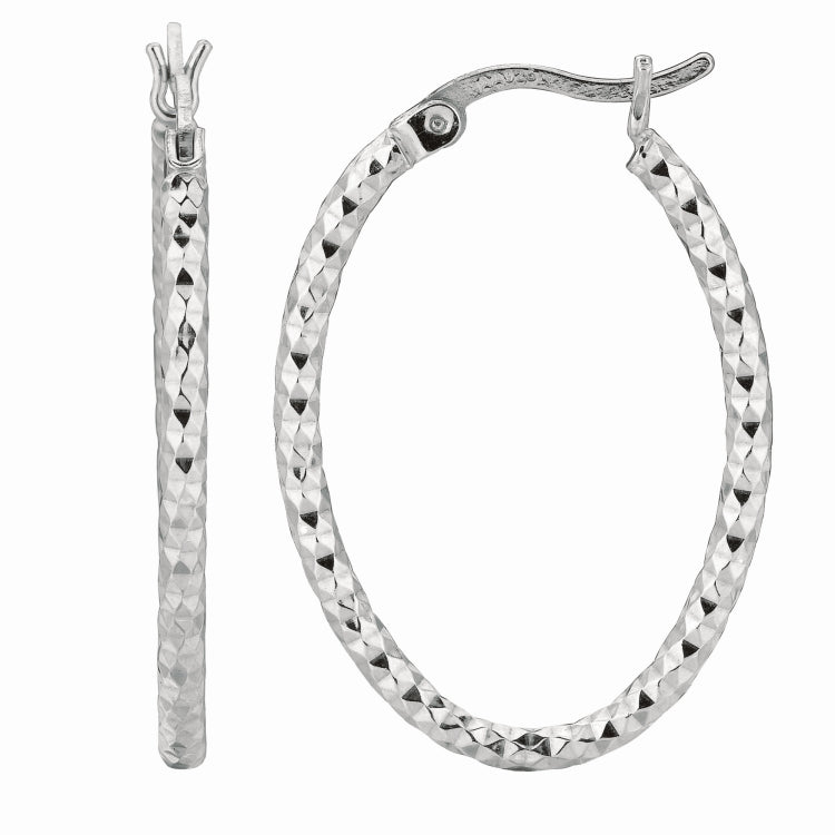 Silver 2X20Mm Diamond Cut Oval Earring