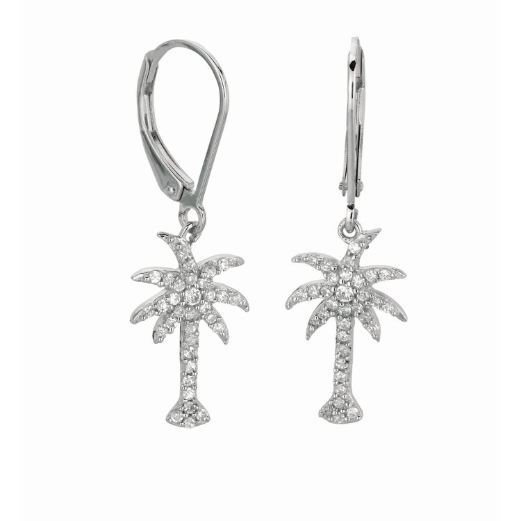 Silver Cz Palm Tree Dangle Earrings
