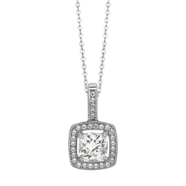 Silver Cushion Cz With Halo Necklace