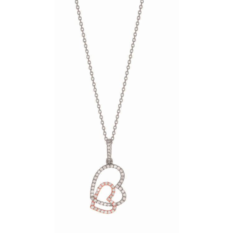 Silver Two-Tone Interlocking Cz Heart Necklace