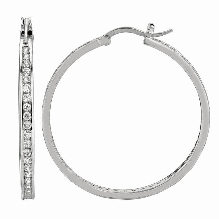 Silver Hinged 3X25Mm Cz Hoop Earrings