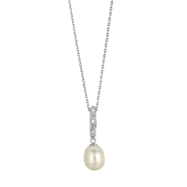 Silver Freshwater Pearl And Cz Drop Necklace