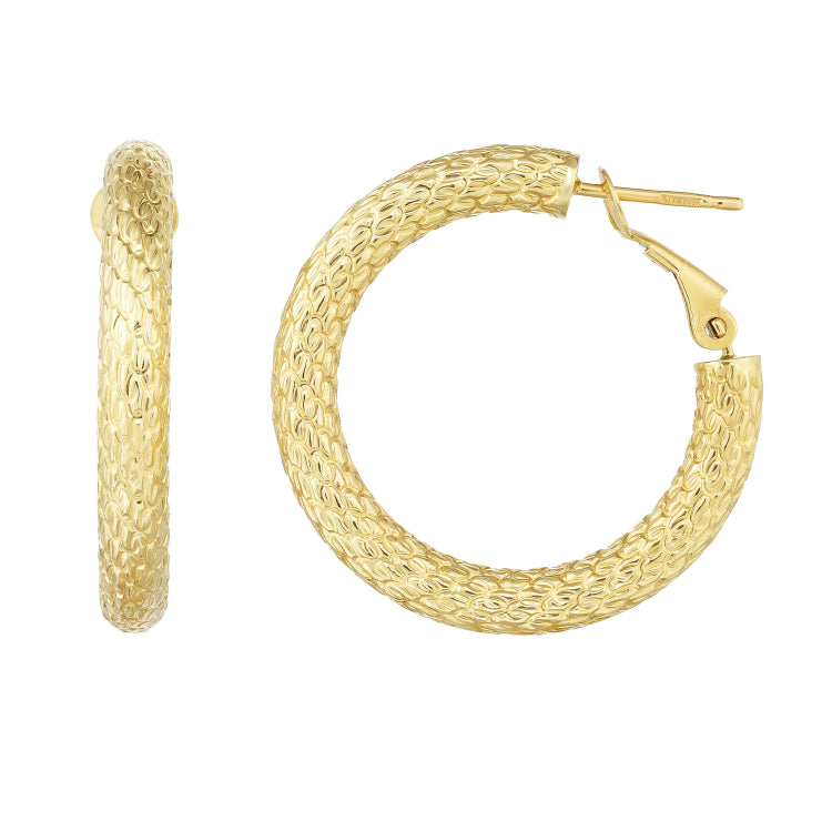 14K Gold 4X20Mm Textured Omega Back Hoop Earring
