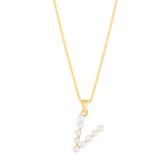 14K Pearl V Initial Necklace