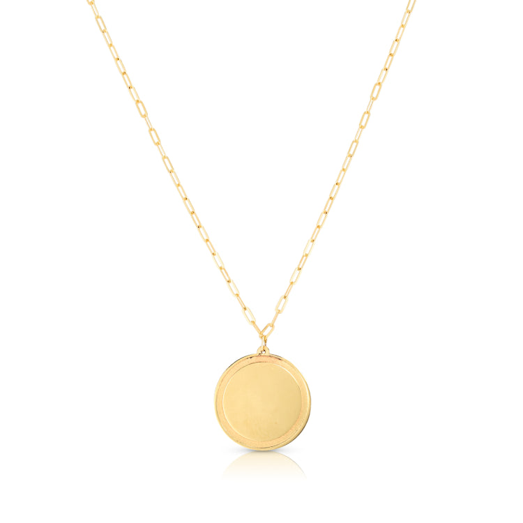 14K Gold Round Tag With Paperclip Chain