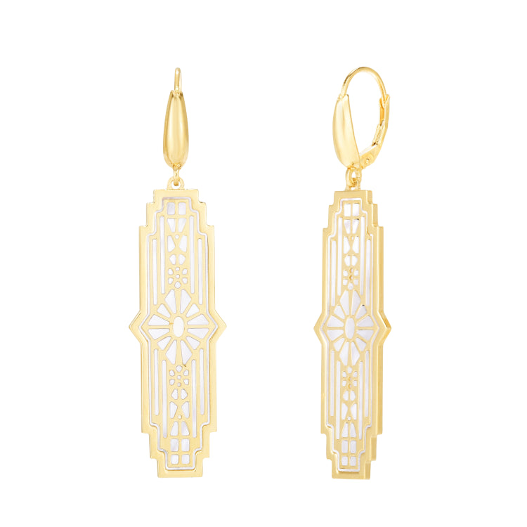14K Gold Art Deco Mop Inlay Earrings