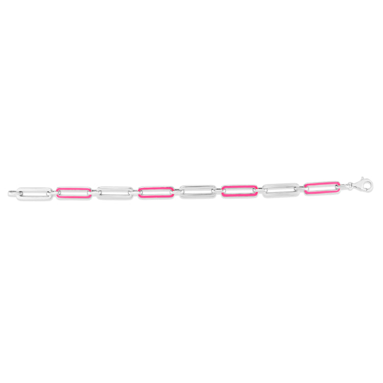 Silver Pink Enamel Paperclip Bracelet