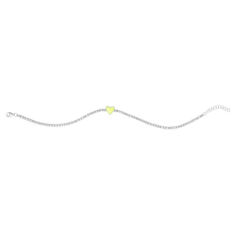 Silver Yellow Enamel Heart Cz Bracelet