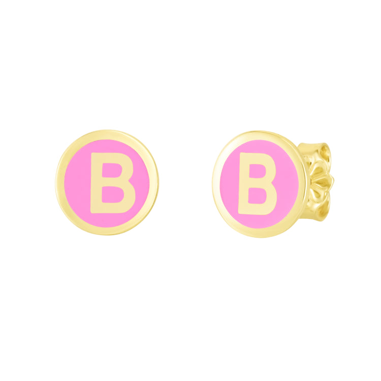 14K Pink Enamel B Initial Studs