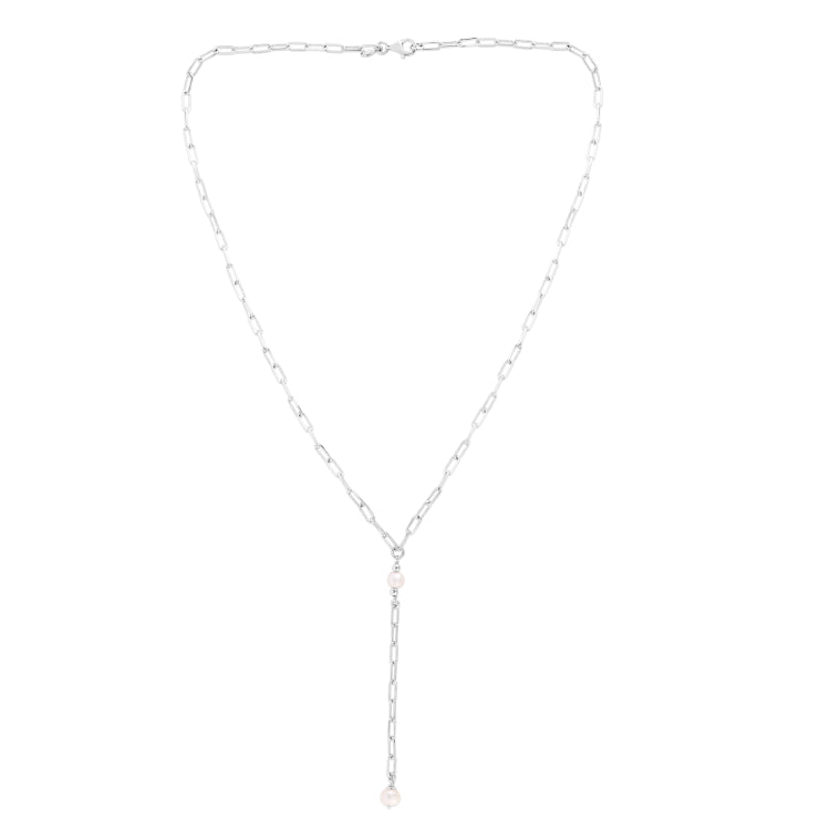 Silver Pearl Paperclip Lariat Necklace