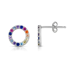 Silver Rainbow Cz Round Stud Earrings