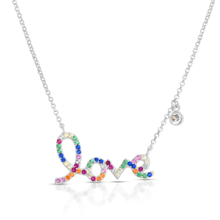 Silver Rainbow Cz Script Love Necklace